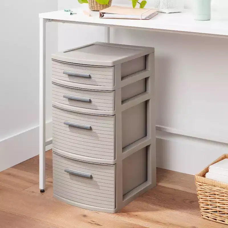 Tour de rangement 4 tiroirs tressés gris foncé - m™ : Organisateur de rangement en plastique, tiroirs utilitaires portables, rangement universel