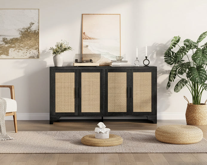 Buffet 4 portes, Bahut de rangement en rotin naturel, Console d'entrée style Bohème, Meuble de bar à café pour salle à manger