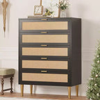 44 Rattan 5-Drawer Dresser - Boho Modern Chest with Gold Accents for Bedroom & Living Room