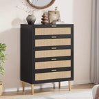 Commode 44 tiroirs en rotin – Commode bohème moderne avec accents dorés pour chambre et salon