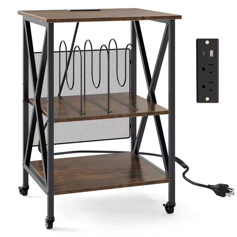  3-tier Record Player Stand with Metal Dividers Adjustable Shelf & Power Outlets