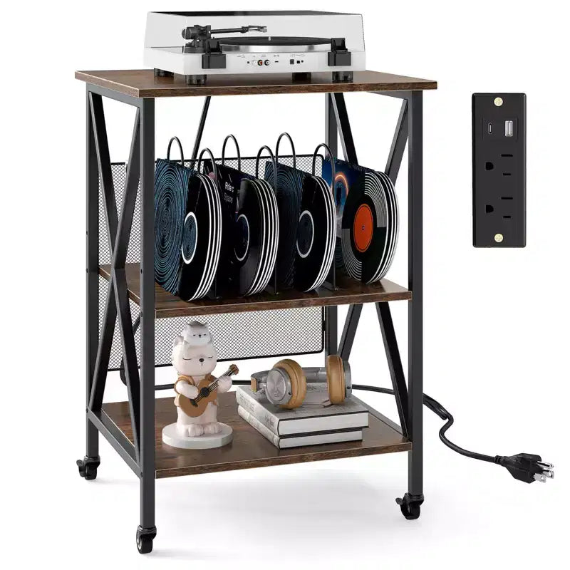 Meuble tour de rangement pour tourne-disque à 3 niveaux avec séparateurs en métal, étagère réglable et prises de courant