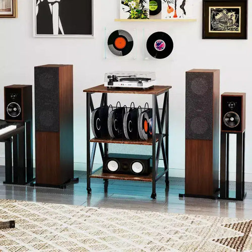 Meuble tour de rangement pour tourne-disque à 3 niveaux avec séparateurs en métal, étagère réglable et prises de courant