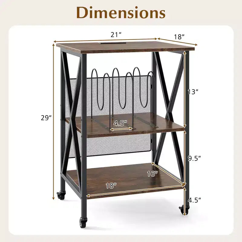 Meuble tour de rangement pour tourne-disque à 3 niveaux avec séparateurs en métal, étagère réglable et prises de courant