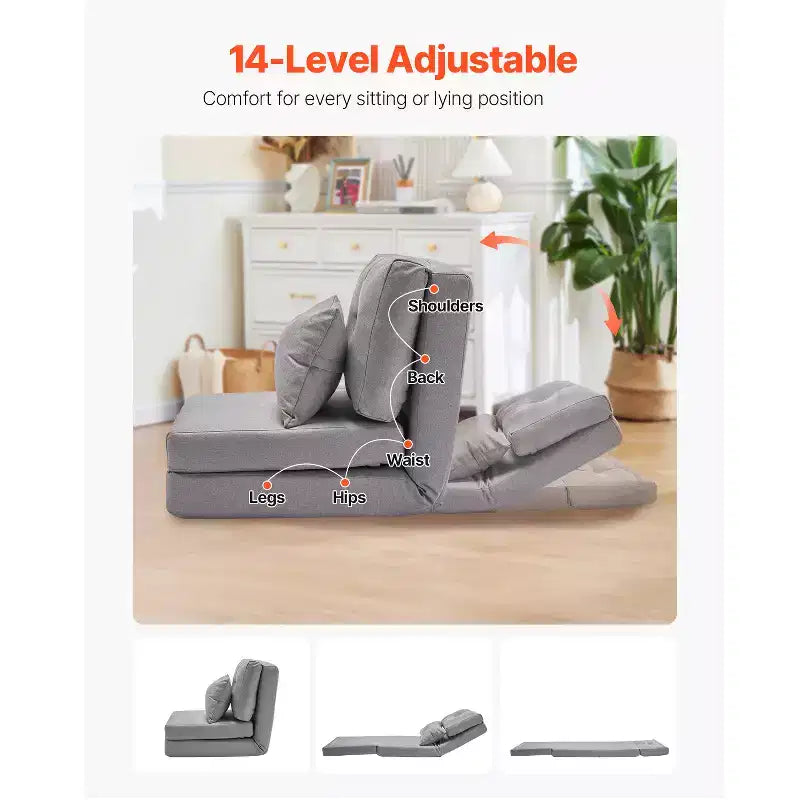 Chaise longue convertible, canapé paresseux réglable à 5 positions, lit de repos pliable rembourré avec cadre métallique et dossier réglable, gris