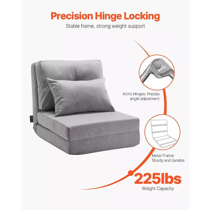Chaise longue convertible, canapé paresseux réglable à 5 positions, lit de repos pliable rembourré avec cadre métallique et dossier réglable, gris