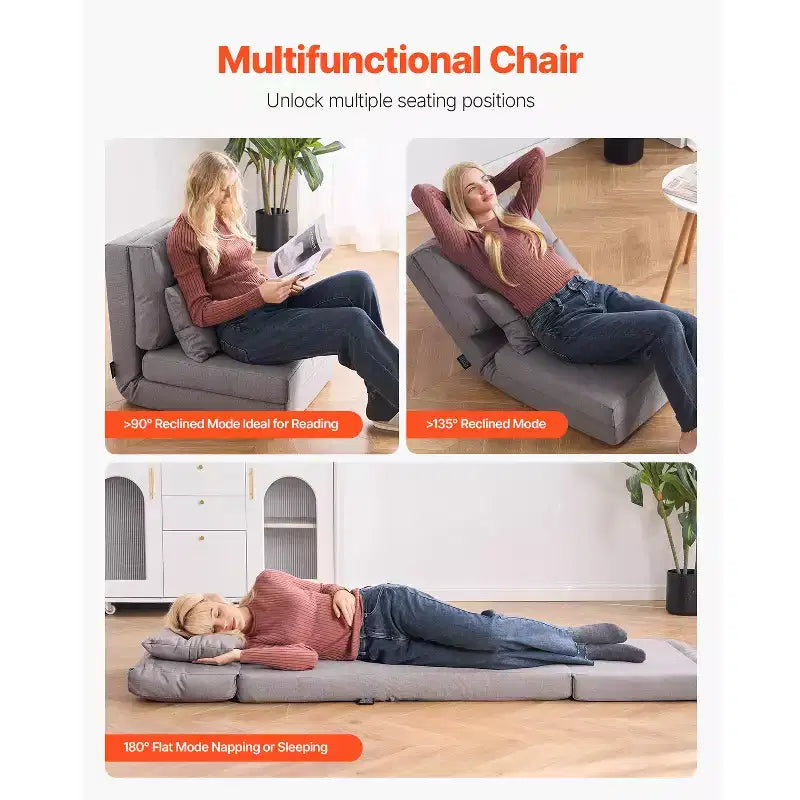 Chaise longue convertible, canapé paresseux réglable à 5 positions, lit de repos pliable rembourré avec cadre métallique et dossier réglable, gris