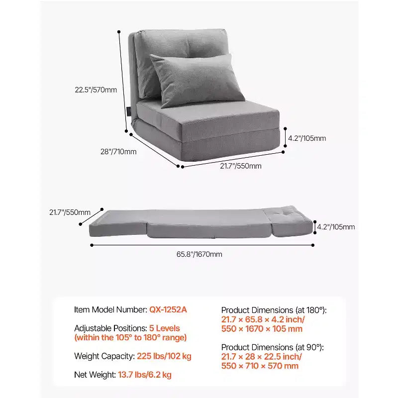 Chaise longue convertible, canapé paresseux réglable à 5 positions, lit de repos pliable rembourré avec cadre métallique et dossier réglable, gris