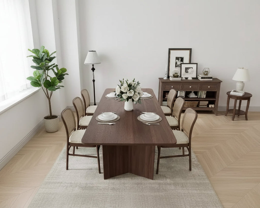  79 x 33.5 Solid Wood Farmhouse Dining Table with V-Shaped Legs and Square Wood Top for Modern Dining Rooms & Family Gatherings Walnut