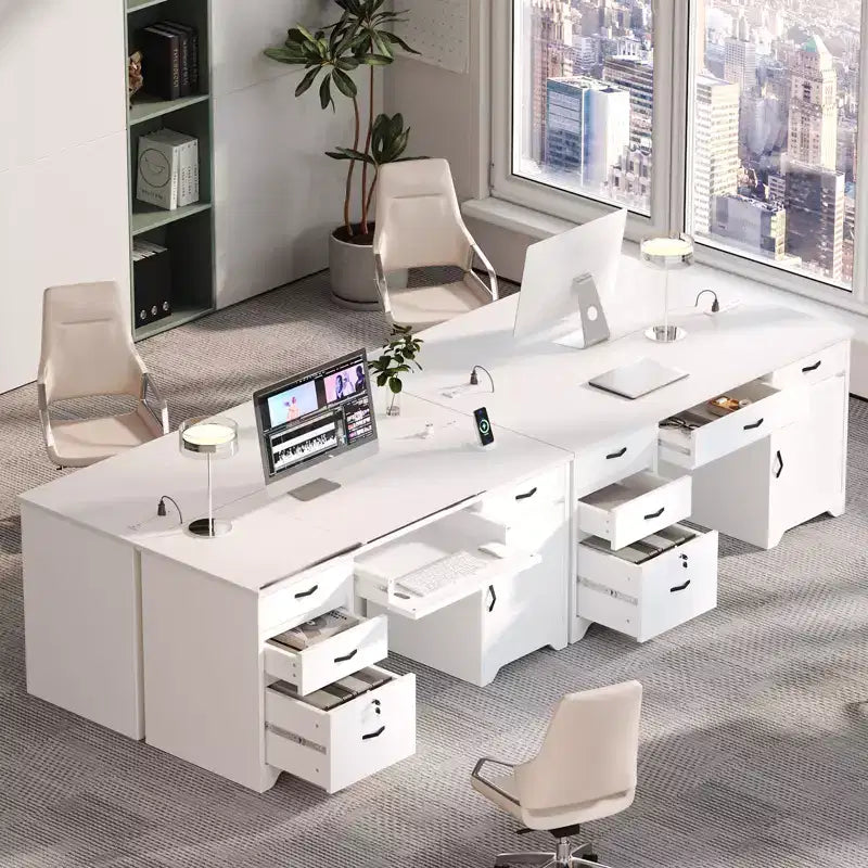 Bureau de 150 cm avec station de charge et tiroir à clavier, bureau d'ordinateur moderne pour direction avec tiroirs de classement et armoires pour bureau et chambre à coucher