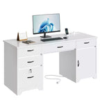 Bureau de 150 cm avec station de charge et tiroir à clavier, bureau d'ordinateur moderne pour direction avec tiroirs de classement et armoires pour bureau et chambre à coucher