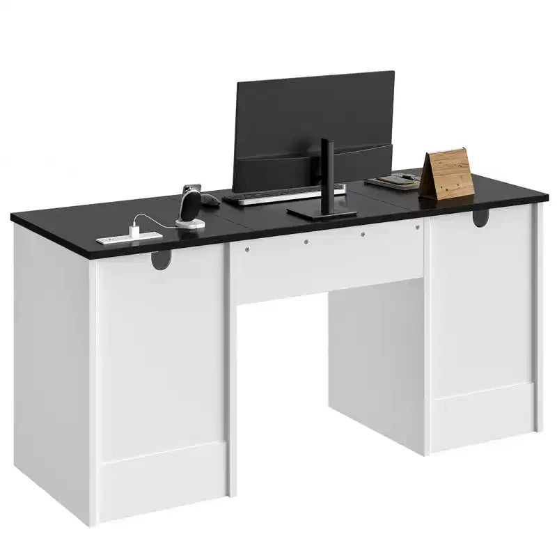 Bureau de 150 cm avec station de charge et tiroir à clavier, bureau d'ordinateur moderne pour direction avec tiroirs de classement et armoires pour bureau et chambre à coucher