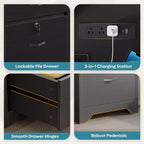 Bureau de 150 cm avec station de charge et tiroir à clavier, bureau d'ordinateur moderne pour direction avec tiroirs de classement et armoires pour bureau et chambre à coucher