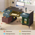 Bureau de 150 cm avec station de charge et tiroir à clavier, bureau d'ordinateur moderne pour direction avec tiroirs de classement et armoires pour bureau et chambre à coucher