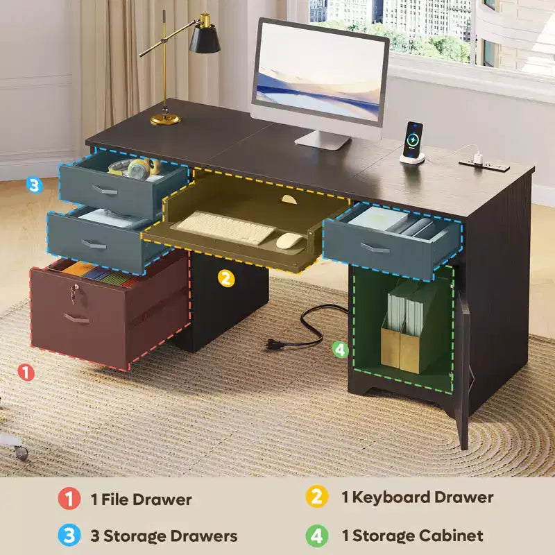 Bureau de 150 cm avec station de charge et tiroir à clavier, bureau d'ordinateur moderne pour direction avec tiroirs de classement et armoires pour bureau et chambre à coucher