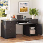 Bureau de 150 cm avec station de charge et tiroir à clavier, bureau d'ordinateur moderne pour direction avec tiroirs de classement et armoires pour bureau et chambre à coucher