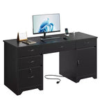 Bureau de 150 cm avec station de charge et tiroir à clavier, bureau d'ordinateur moderne pour direction avec tiroirs de classement et armoires pour bureau et chambre à coucher