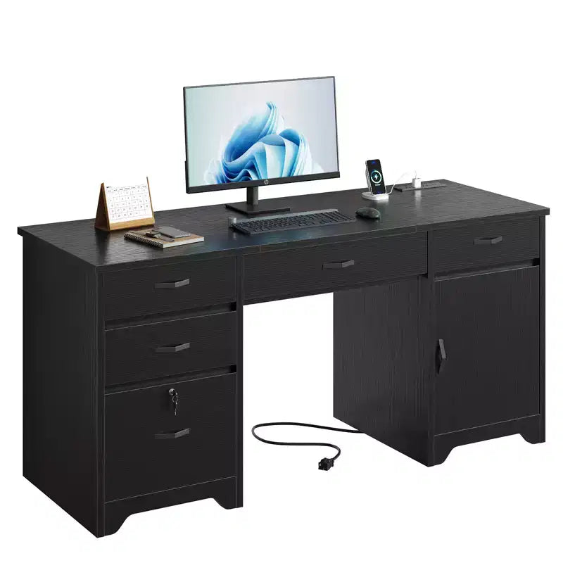 Bureau de 150 cm avec station de charge et tiroir à clavier, bureau d'ordinateur moderne pour direction avec tiroirs de classement et armoires pour bureau et chambre à coucher