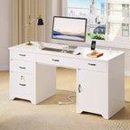Bureau de 150 cm avec station de charge et tiroir à clavier, bureau d'ordinateur moderne pour direction avec tiroirs de classement et armoires pour bureau et chambre à coucher