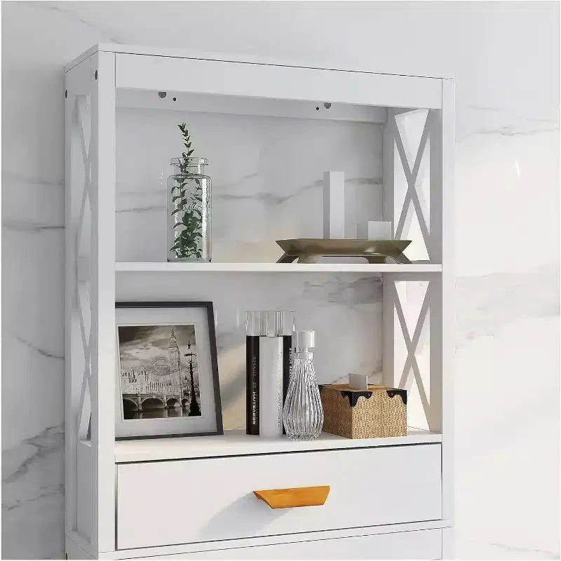 Meuble de rangement de salle de bain au-dessus des toilettes avec 1 tiroir et 2 étagères ouvertes, étagère de rangement en bois autoportante pour salle de bain blanc