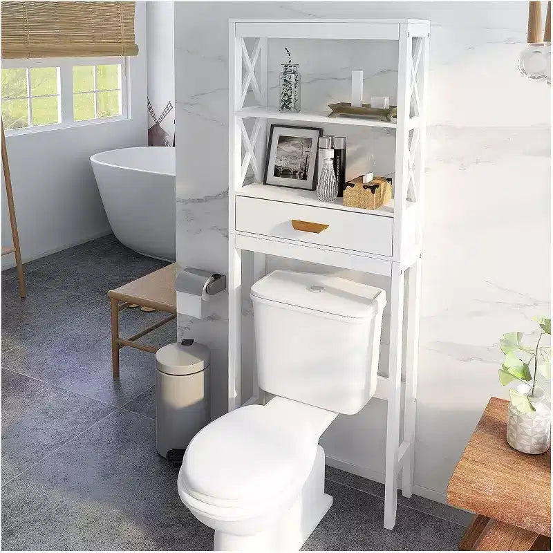 Meuble de rangement de salle de bain au-dessus des toilettes avec 1 tiroir et 2 étagères ouvertes, étagère de rangement en bois autoportante pour salle de bain blanc