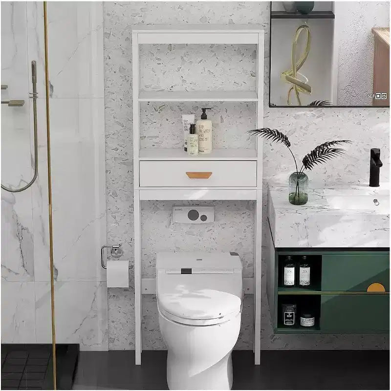 Meuble de rangement de salle de bain au-dessus des toilettes avec 1 tiroir et 2 étagères ouvertes, étagère de rangement en bois autoportante pour salle de bain blanc