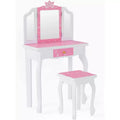  Kids Vanity Set, Wooden Princess Makeup Table with Stool, Tri-Folding Mirror, Large Drawer and Solid Wooden Legs, Pink