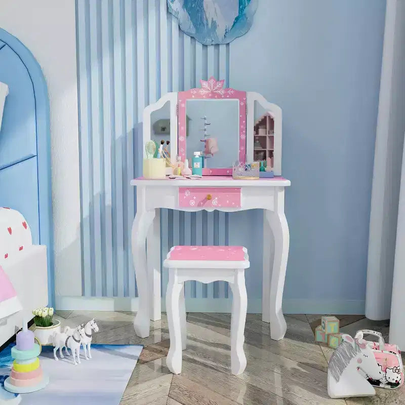 Coiffeuse pour enfants, table de maquillage en bois de princesse avec tabouret, miroir triptyque, grand tiroir et pieds en bois massif, rose