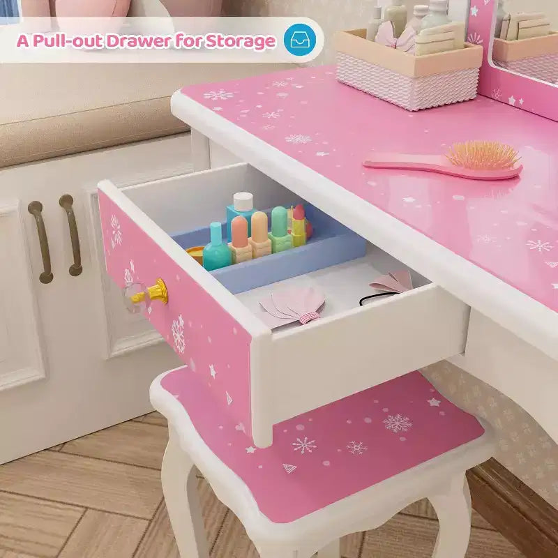 Coiffeuse pour enfants, table de maquillage en bois de princesse avec tabouret, miroir triptyque, grand tiroir et pieds en bois massif, rose