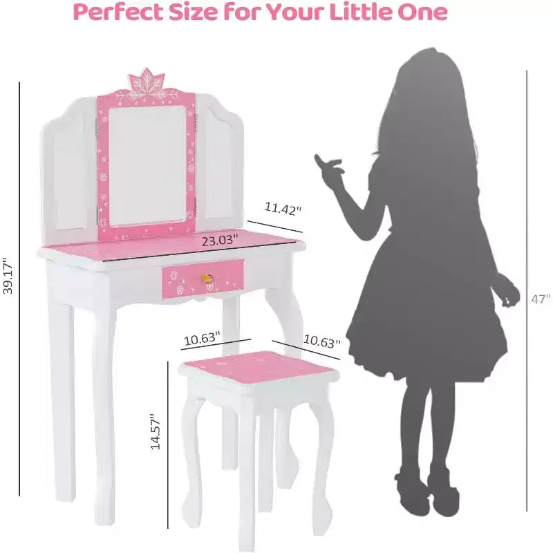 Coiffeuse pour enfants, table de maquillage en bois de princesse avec tabouret, miroir triptyque, grand tiroir et pieds en bois massif, rose