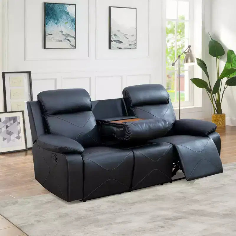  Reclining Sofa, 3-Seat Breathable Leather Recliner with Reversible Coffee Table for Living Room, Black