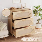 Commode 3 tiroirs en rotin pour chambre, commode moderne en rotin avec tiroirs en bois, meubles de rangement en bois pour chambres, couloirs, salons
