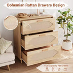 Commode 3 tiroirs en rotin pour chambre, commode moderne en rotin avec tiroirs en bois, meubles de rangement en bois pour chambres, couloirs, salons