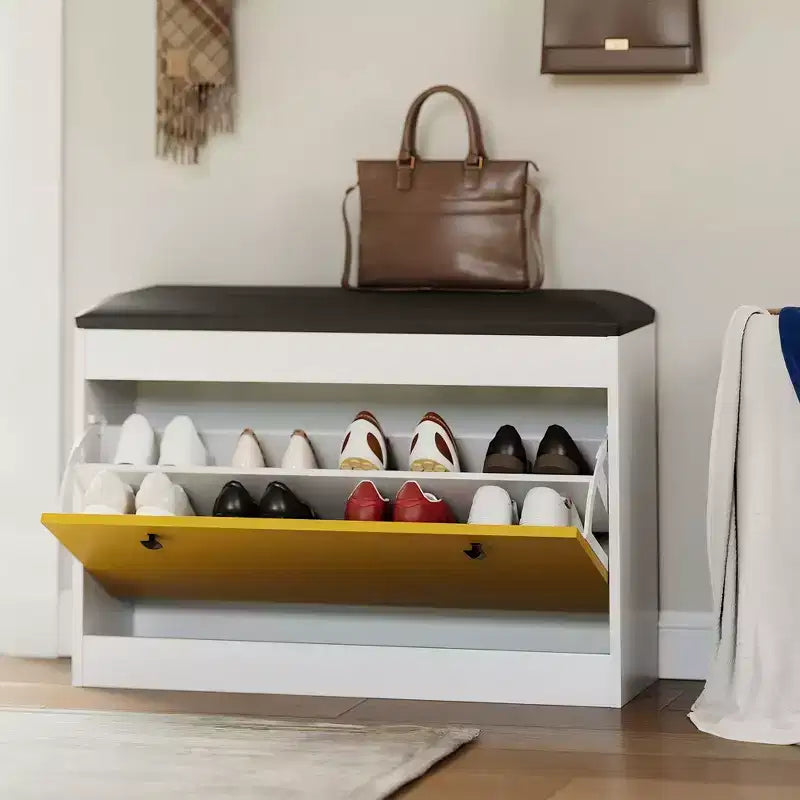 Meuble à chaussures d'entrée moderne, Banc de rangement à chaussures, Tiroir basculant et coussin d'assise, Chambre, Salon, Blanc + Jaune