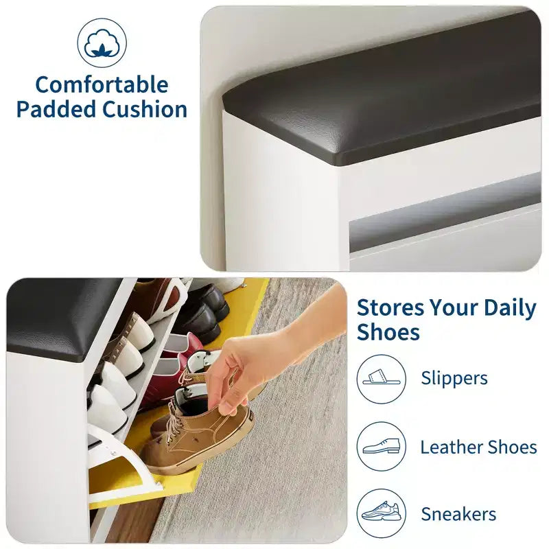 Meuble à chaussures d'entrée moderne, Banc de rangement à chaussures, Tiroir basculant et coussin d'assise, Chambre, Salon, Blanc + Jaune