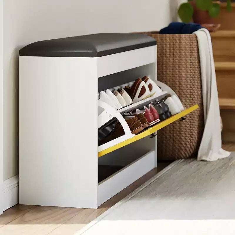 Meuble à chaussures d'entrée moderne, Banc de rangement à chaussures, Tiroir basculant et coussin d'assise, Chambre, Salon, Blanc + Jaune