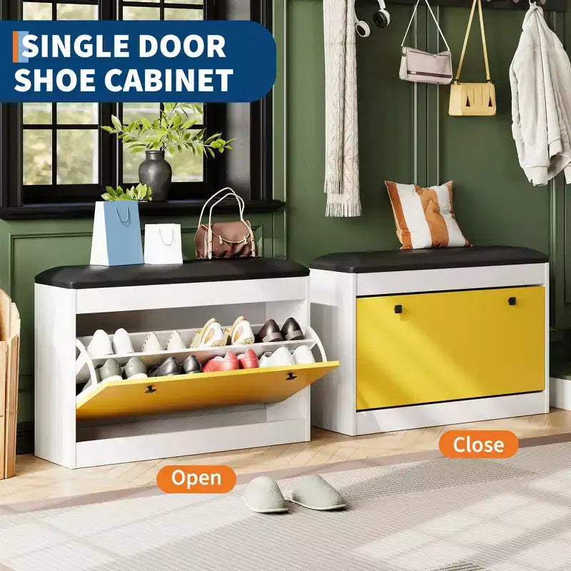 Meuble à chaussures d'entrée moderne, Banc de rangement à chaussures, Tiroir basculant et coussin d'assise, Chambre, Salon, Blanc + Jaune