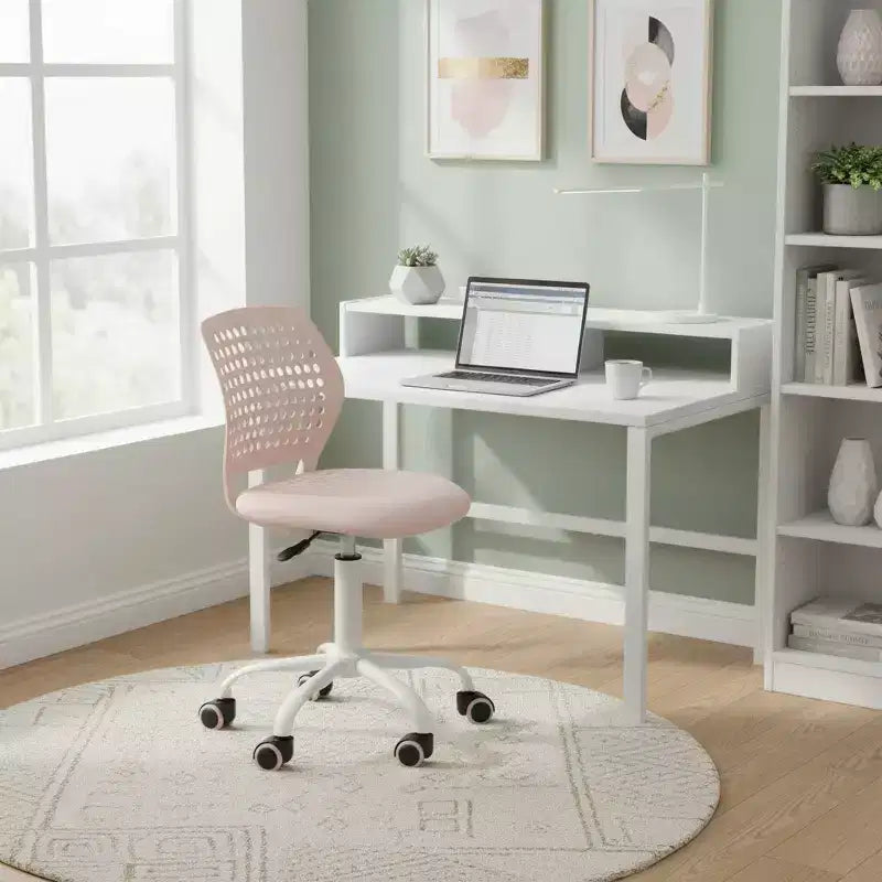 Chaise de bureau sans accoudoirs avec roulettes, chaise de bureau compacte réglable en hauteur, pivotante, avec dossier respirant, rose