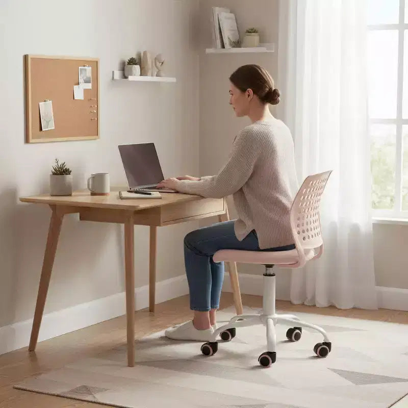 Chaise de bureau sans accoudoirs avec roulettes, chaise de bureau compacte réglable en hauteur, pivotante, avec dossier respirant, rose