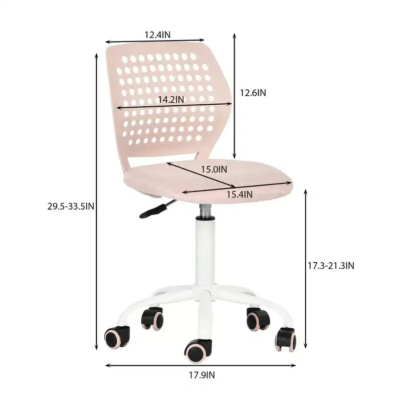 Chaise de bureau sans accoudoirs avec roulettes, chaise de bureau compacte réglable en hauteur, pivotante, avec dossier respirant, rose