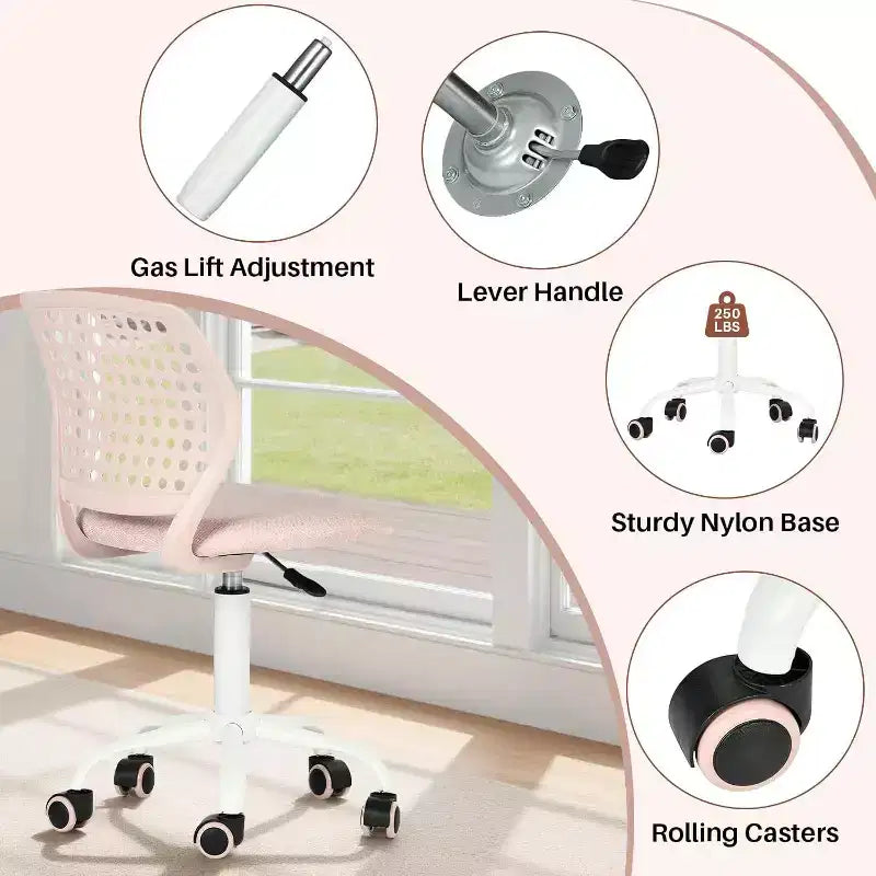 Chaise de bureau sans accoudoirs avec roulettes, chaise de bureau compacte réglable en hauteur, pivotante, avec dossier respirant, rose