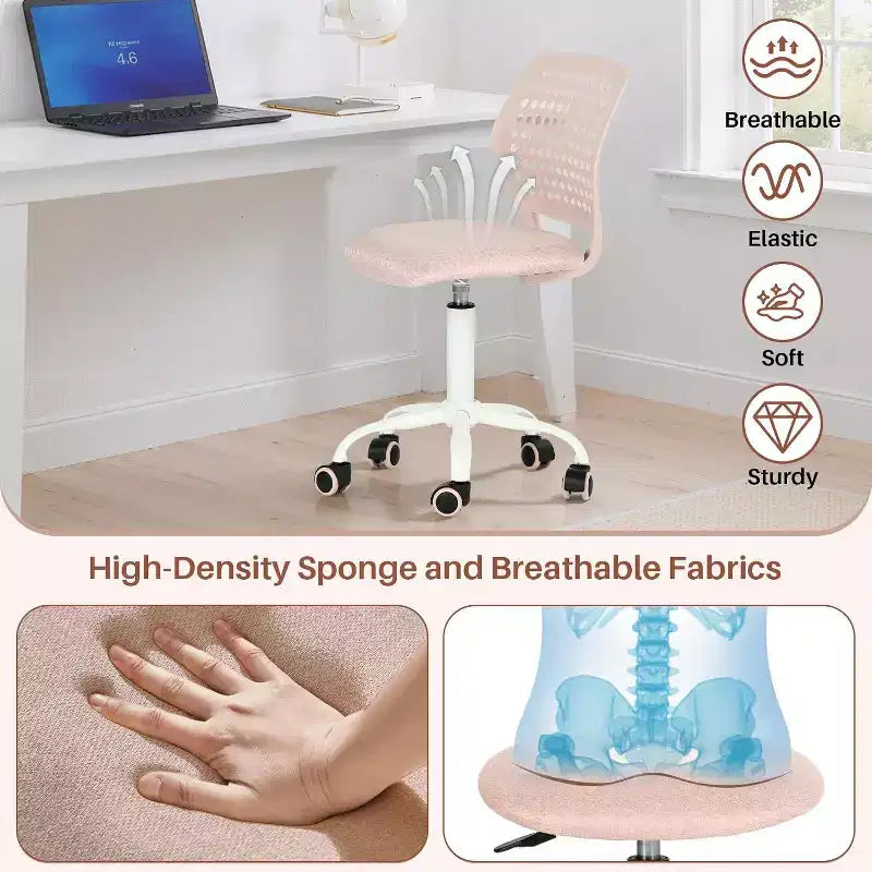 Chaise de bureau sans accoudoirs avec roulettes, chaise de bureau compacte réglable en hauteur, pivotante, avec dossier respirant, rose
