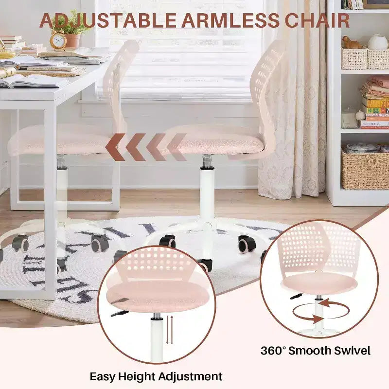 Chaise de bureau sans accoudoirs avec roulettes, chaise de bureau compacte réglable en hauteur, pivotante, avec dossier respirant, rose