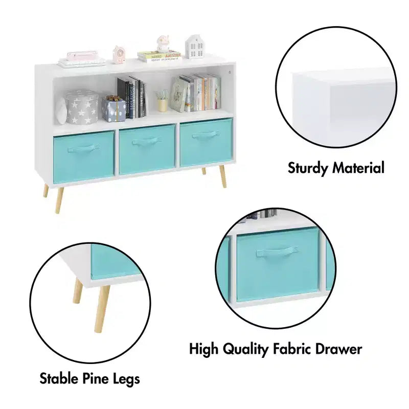Étagère à livres pour enfants avec 3 tiroirs en tissu, multifonctionnelle pour livres/jouets, boucle de sécurité murale, MDF haute densité