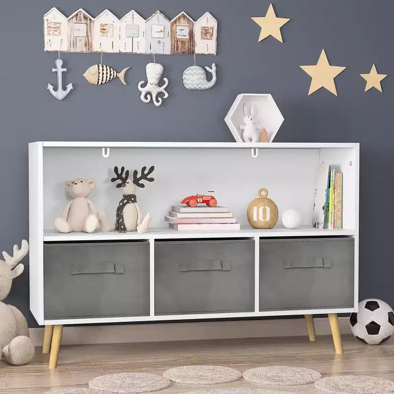 Étagère à livres pour enfants avec 3 tiroirs en tissu, multifonctionnelle pour livres/jouets, boucle de sécurité murale, MDF haute densité