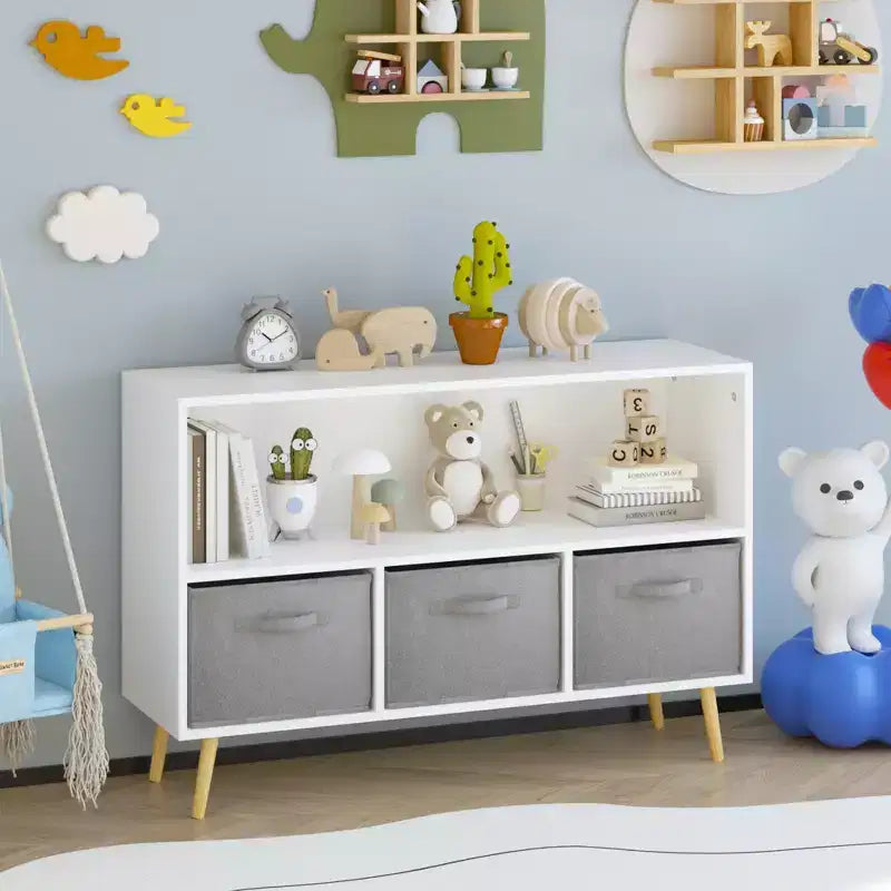 Étagère à livres pour enfants avec 3 tiroirs en tissu, multifonctionnelle pour livres/jouets, boucle de sécurité murale, MDF haute densité