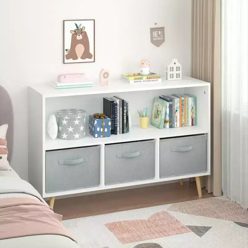 Étagère à livres pour enfants avec 3 tiroirs en tissu, multifonctionnelle pour livres/jouets, boucle de sécurité murale, MDF haute densité