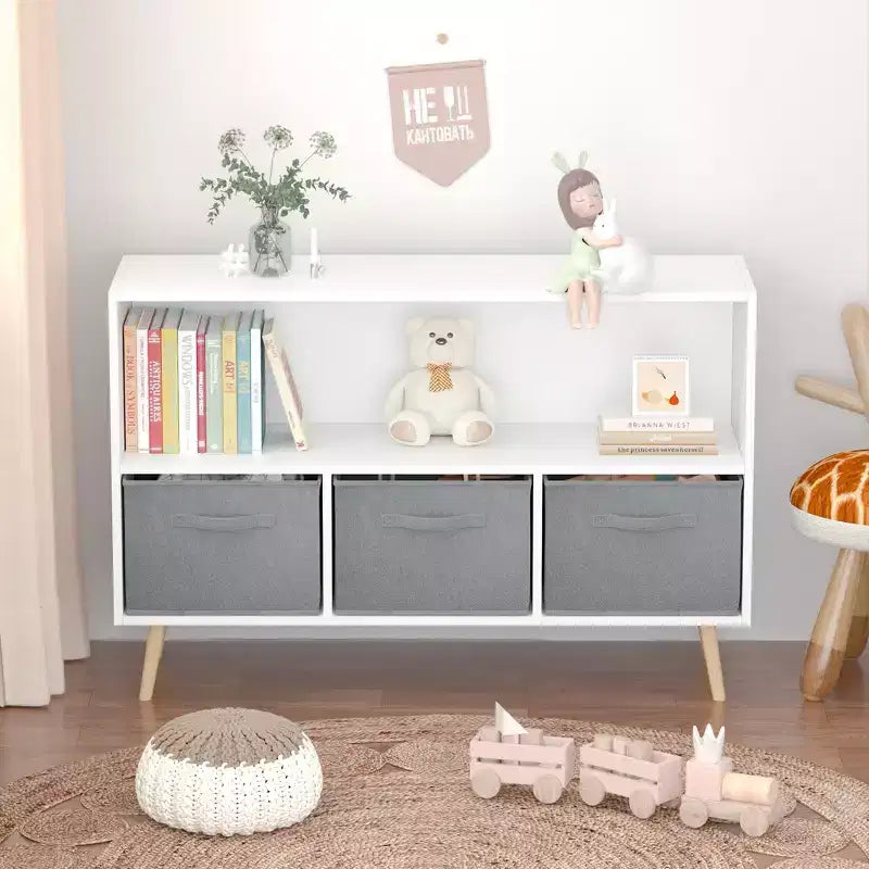 Étagère à livres pour enfants avec 3 tiroirs en tissu, multifonctionnelle pour livres/jouets, boucle de sécurité murale, MDF haute densité