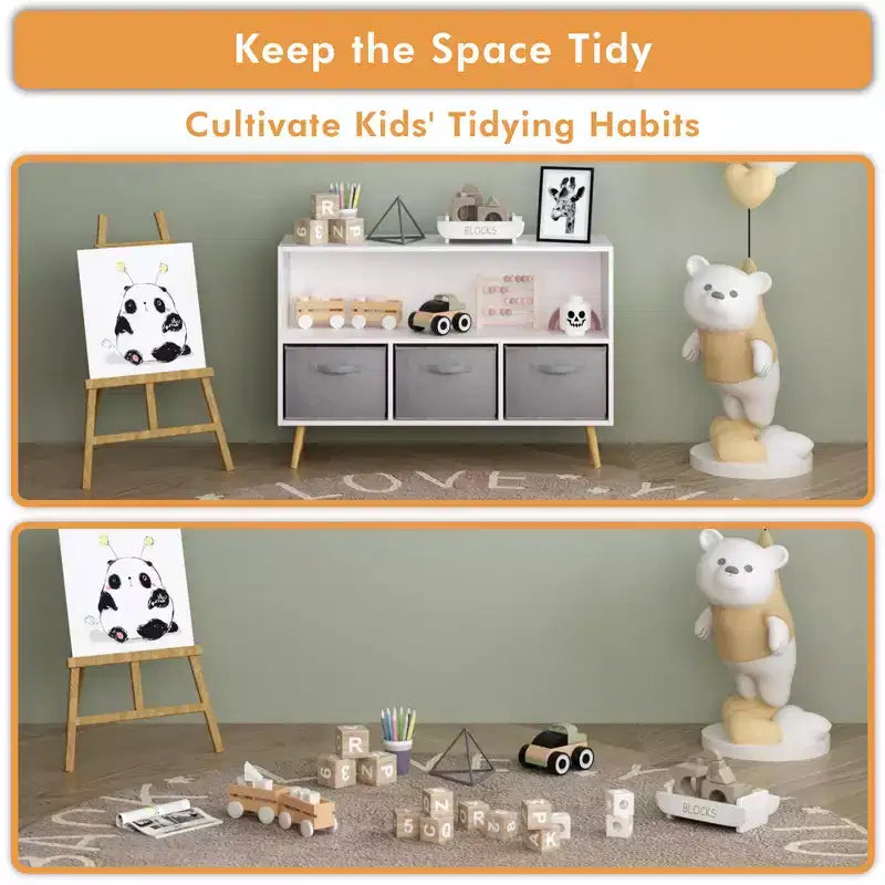 Étagère à livres pour enfants avec 3 tiroirs en tissu, multifonctionnelle pour livres/jouets, boucle de sécurité murale, MDF haute densité