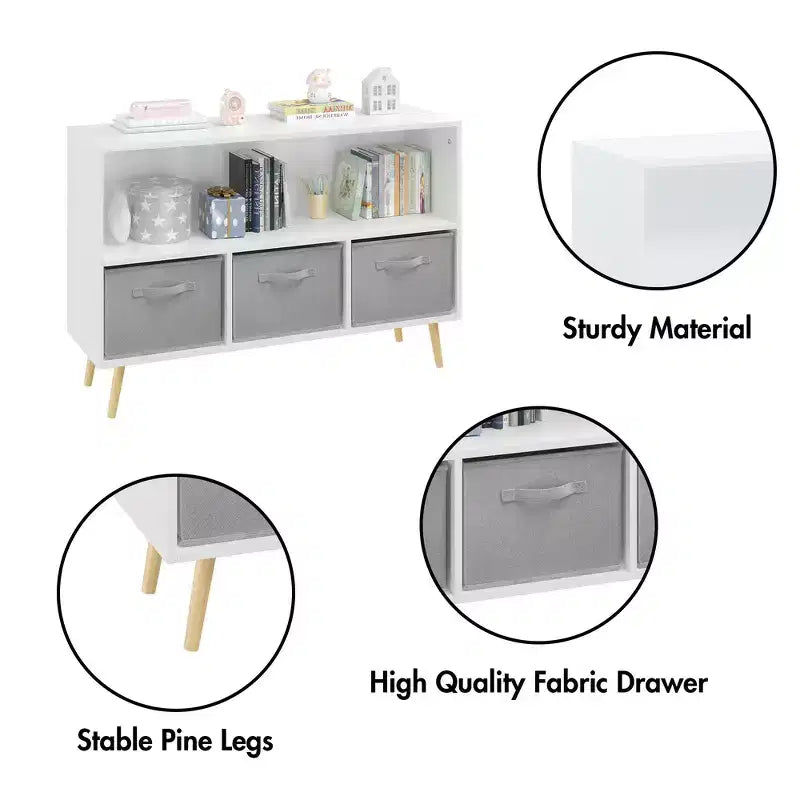 Étagère à livres pour enfants avec 3 tiroirs en tissu, multifonctionnelle pour livres/jouets, boucle de sécurité murale, MDF haute densité